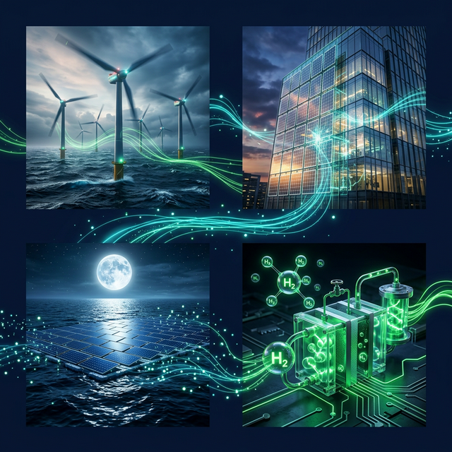 Emerging renewable energy technologies including offshore wind, floating solar, and green hydrogen