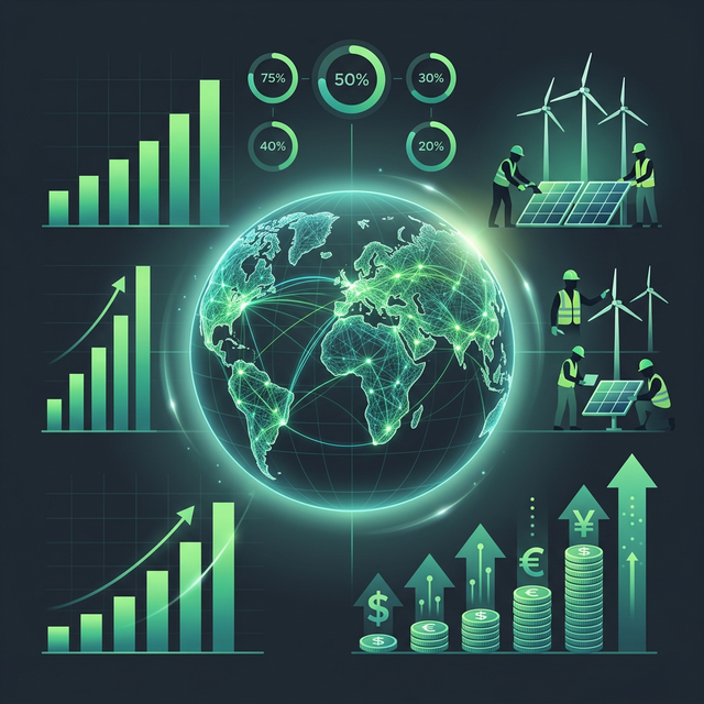 Global renewable energy impact infographic with data visualizations