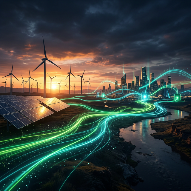 Renewable energy landscape with wind turbines and solar panels